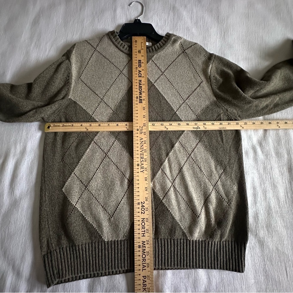 Geoffrey Beene Sweater Mens L Green Brown Argyle Crewneck Cotton Pullover Preppy - Picture 3 of 6